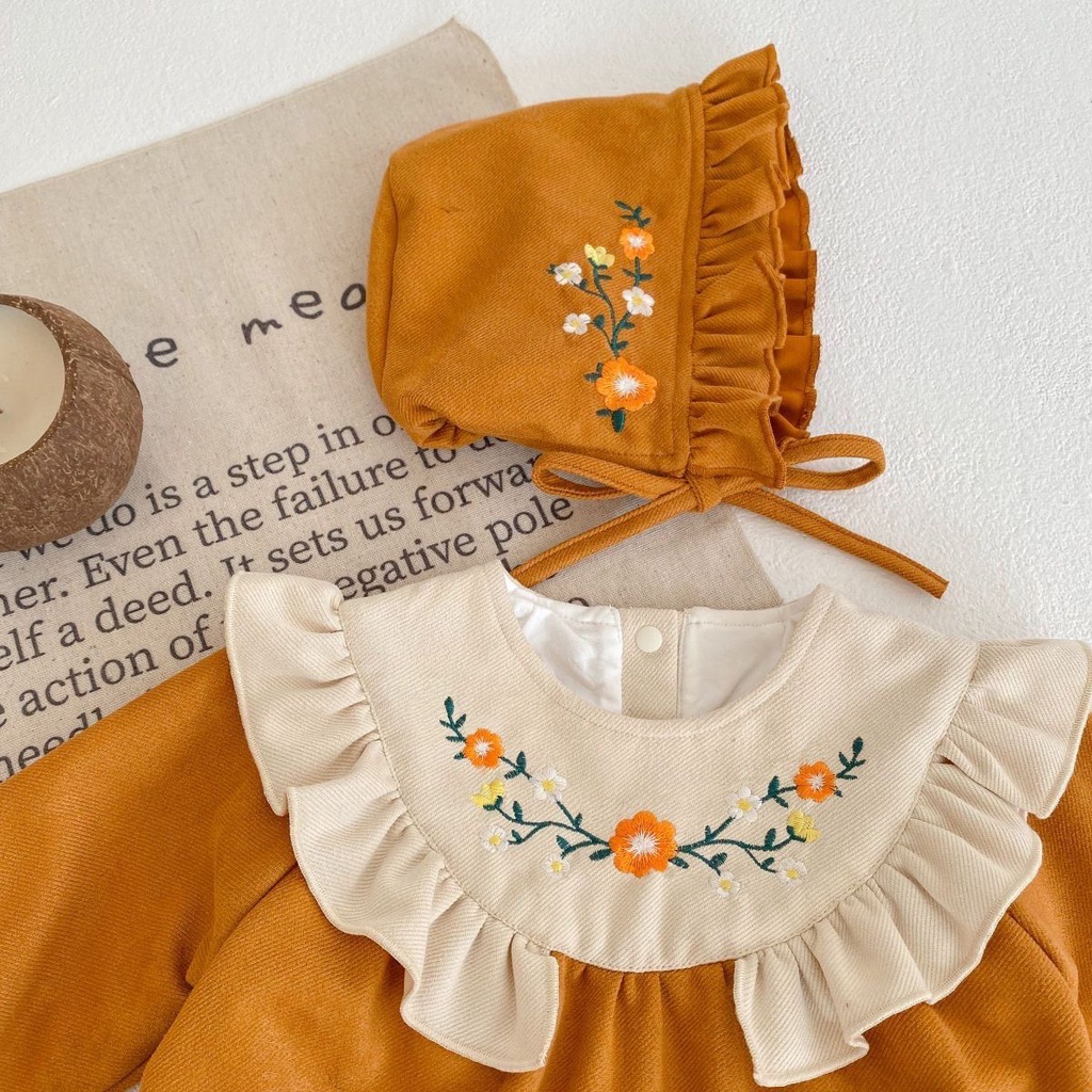 Set Áo Liền Quần & Mũ Trùm Đầu Thêu Hoa Cho Bé Gái Sơ Sinh