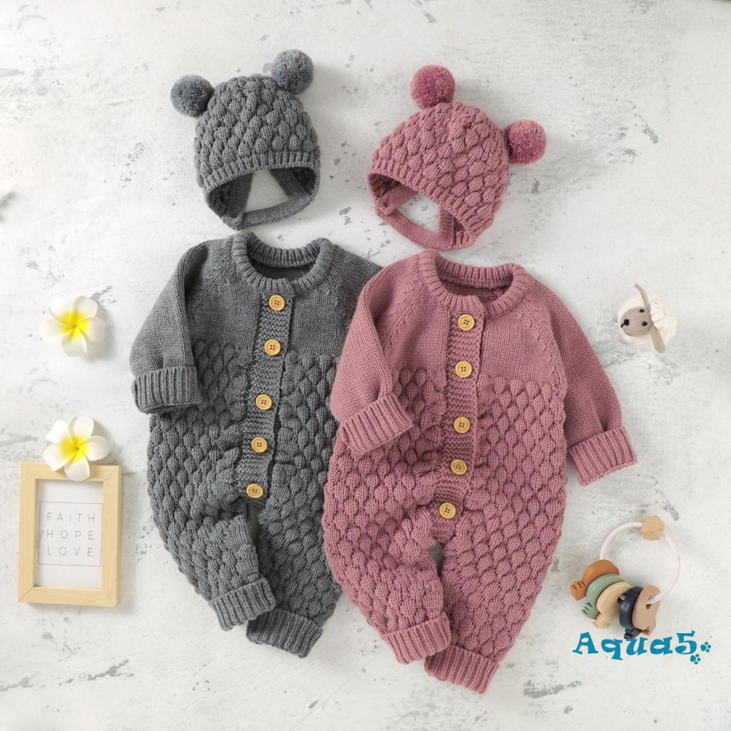 Aqua-bộ 2 Món Áo Liền Quần Dệt Kim Tay Dài Màu Trơn + Mũ Gấu Thời Trang Mùa Đông Cho Bé