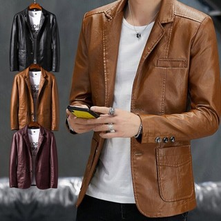 Áo khoác da cổ bẻ thiết kế đơn giản phong cách retro cho nam