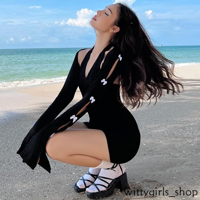Bộ Đầm Tay Loe Dài Phối Lưới Và Nơ Quyến Rũ Thời Trang Mùa Hè Hàng Mới Dành Cho Bạn Nữ