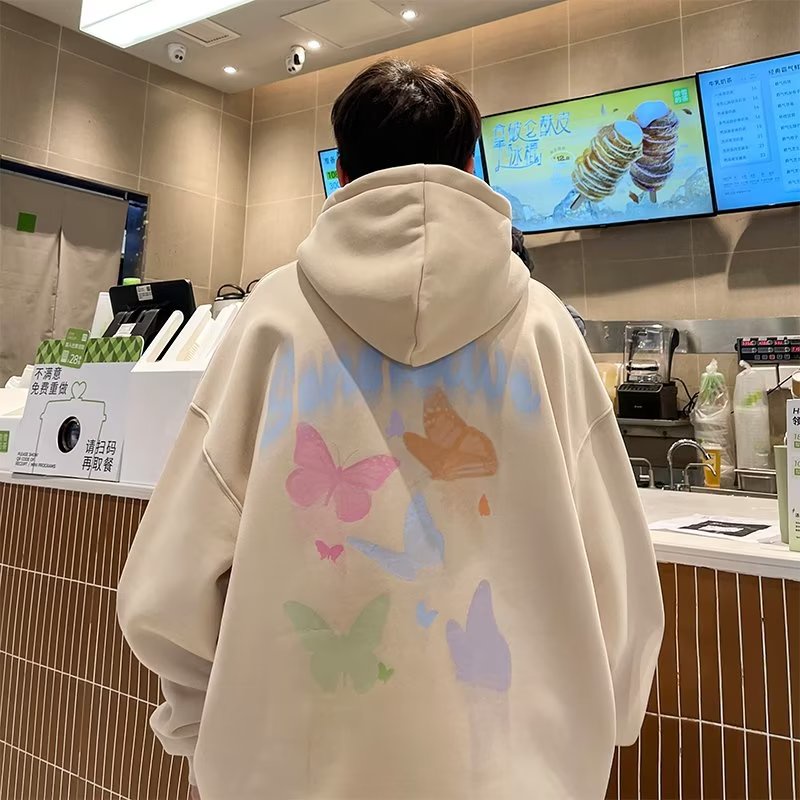 Áo hoodie Nhung Dày Dặn Tay Dài Dáng Rộng In Hình Bướm graffiti Phong Cách Mỹ Cổ Điển Thời Trang Mùa Thu Mới Dành Cho Bạn Nam size M-5XL