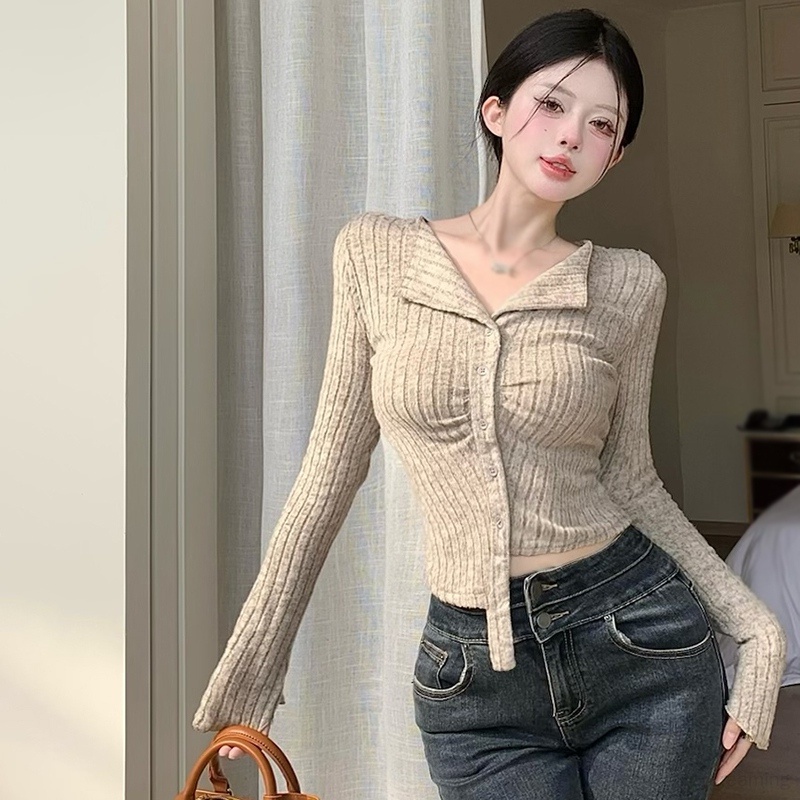 Áo croptop Dệt Kim Màu Trơn Dáng Ôm Thời Trang Cho Nữ