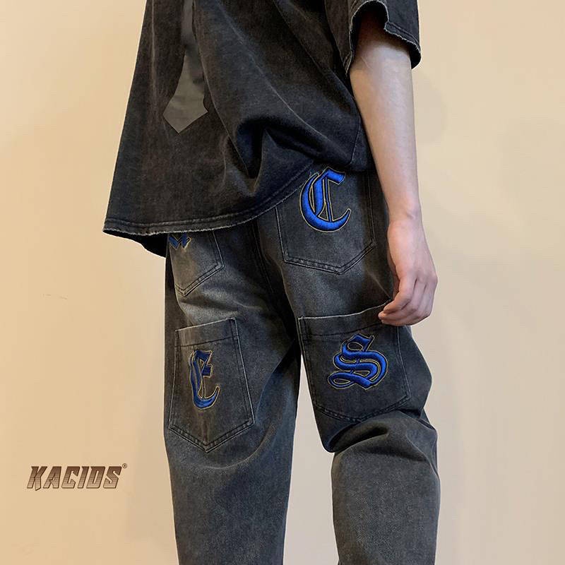 American-Style Vintage Embroidered Jeans Men's Autumn Versatile Vibe Pants Trendy Ins High Street Loose Straight Cargo Pants z4qT