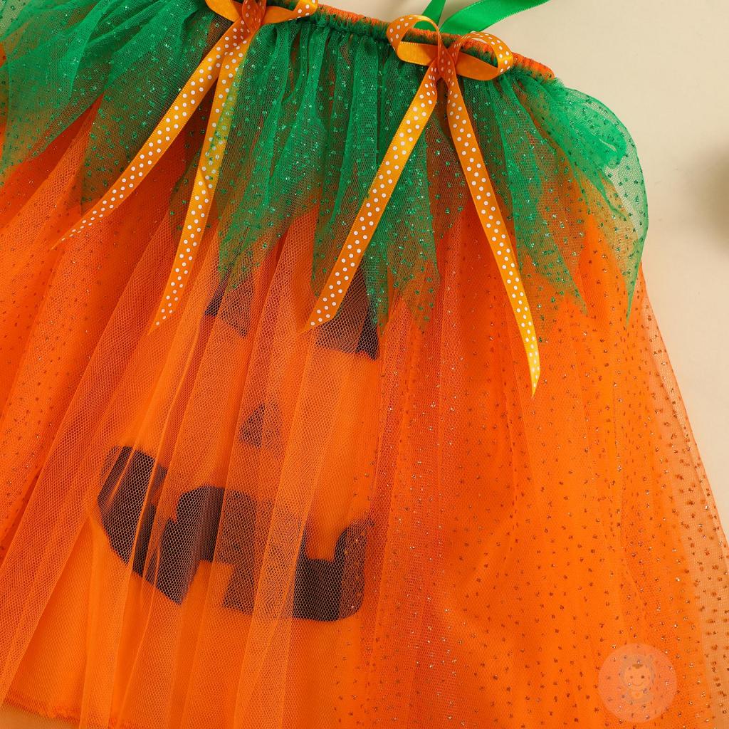 Laa6-đầm Vải Tuyn Không Tay Hình Bí Ngô halloween Kèm Túi Đựng Cho Bé Gái