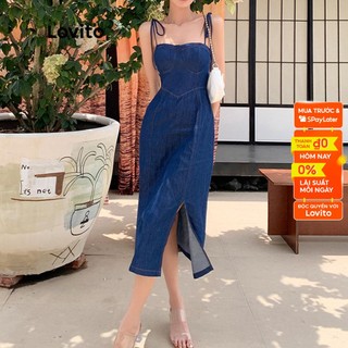 Đầm midi bodycon Lovito vải denim không tay xẻ tà màu trơn phong cách thường ngày dành cho nữ LNE07125 (xanh dương)