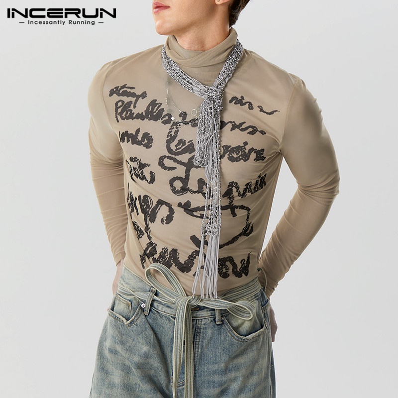 Incerun Áo Thun Nam Tay Dài Cổ Cao Phối Lưới Màu Sắc vintage Nhìn Xuyên Thấu In Chữ Tiếng Anh