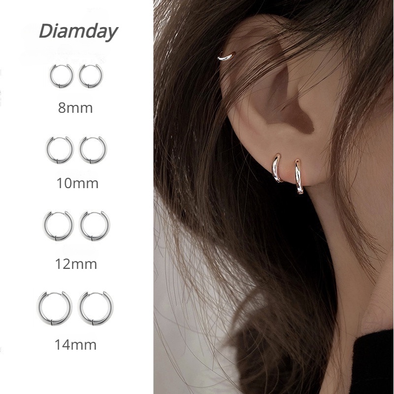 Diamday Hoa tai tròn bằng thép không gỉ thời trang đơn giản 8mm / 10mm / 12mm / 14mm bông tai nữ Phụ kiện phổ biến Hàn Quốc