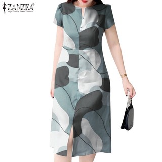Zanzea Đầm Nữ Tay Ngắn Cổ Tròn Xẻ Tà Thời Trang Hàn Quốc