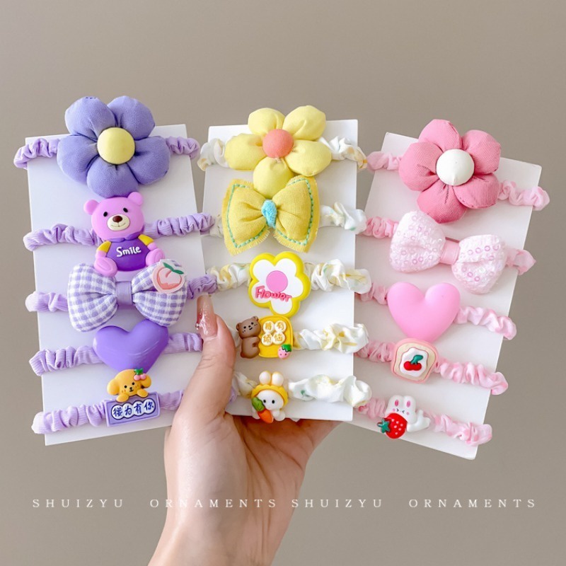 Set 5 Dây Cột Tóc Đính Hoa Hoạt Hình Nhiều Màu Sắc Ngọt Ngào Cho Bé Gái