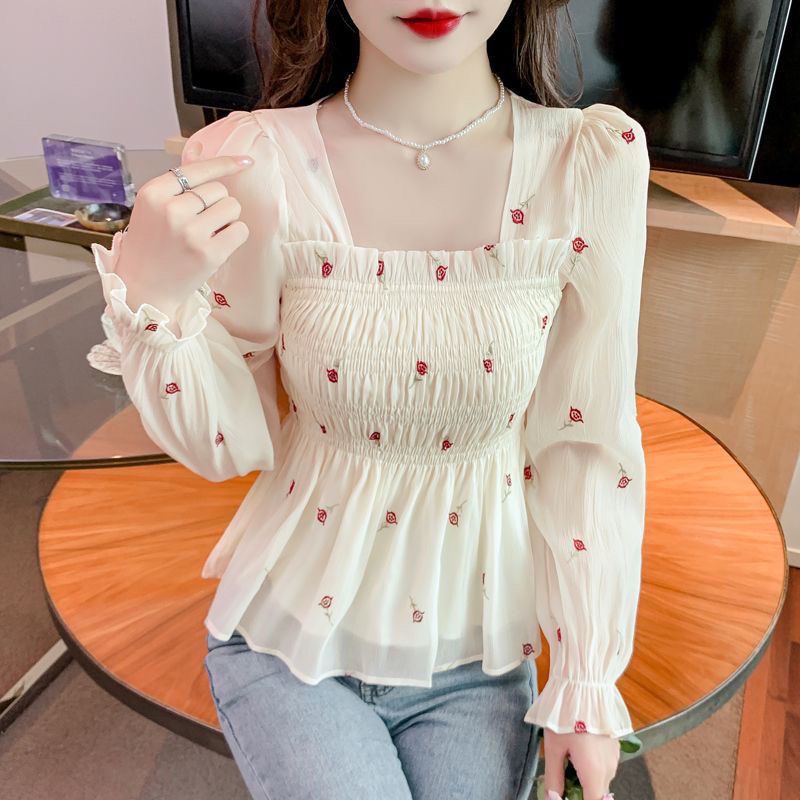 Áo Sơ Mi chiffon Tay Dài Cổ Vuông In Họa Tiết Thời Trang Mùa Thu Cho Nữ