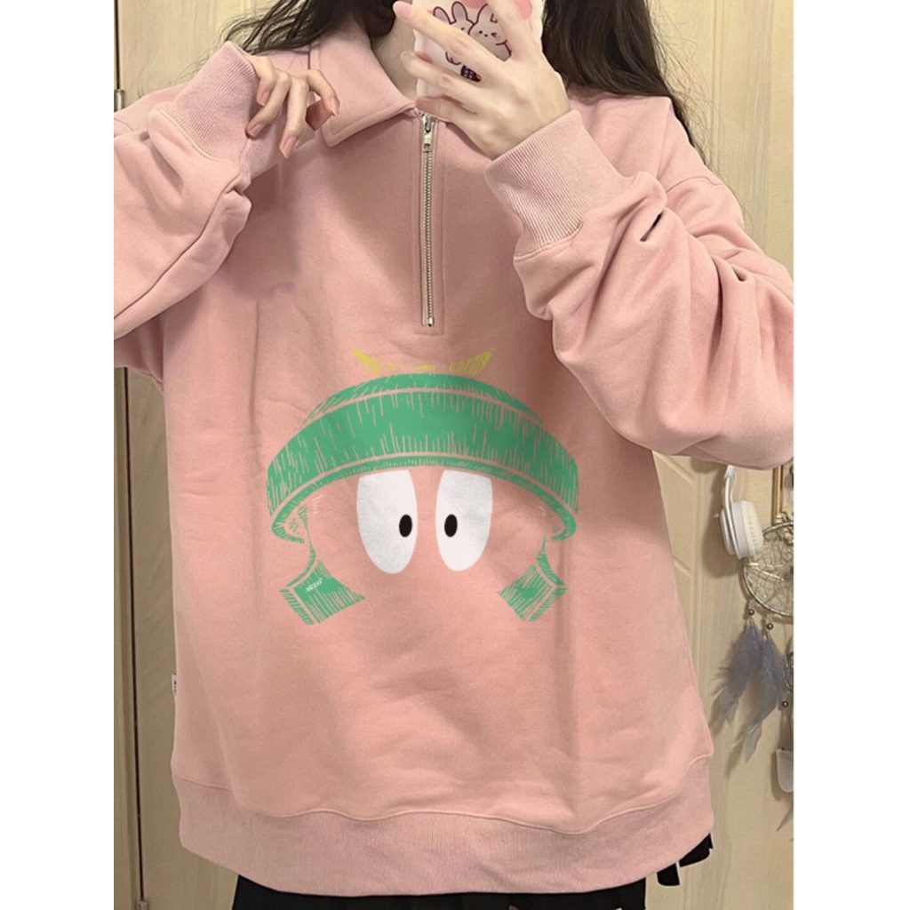 Áo sweater Cổ polo Có Khóa Kéo Nửa Thân Màu Hồng Thời Trang Thu Đông Cho Nữ