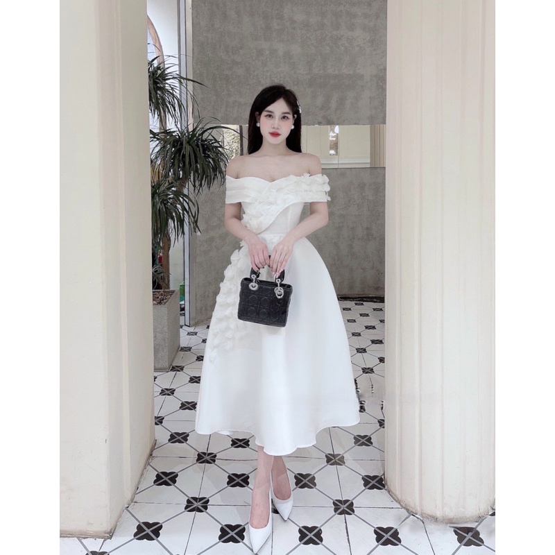❤️ V248 VÁY TRẮNG TRỄ VAI DỰ TIỆC, đầm đính hoa cô dâu đi bàn miiu