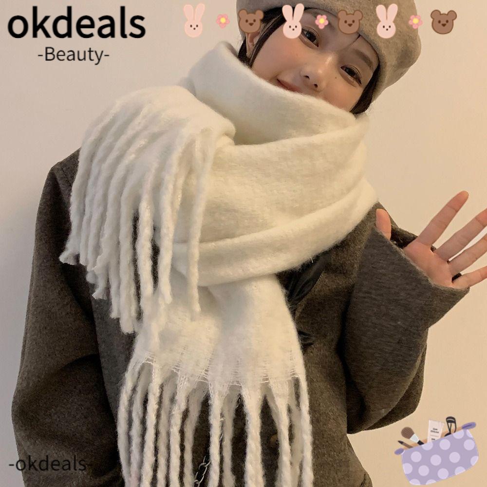Okdeals Khăn Choàng Cổ Tua Rua Dài Màu Trơn Mềm Mại Vải cashmere Lông Cừu Dày Ấm Áp Cho Nữ