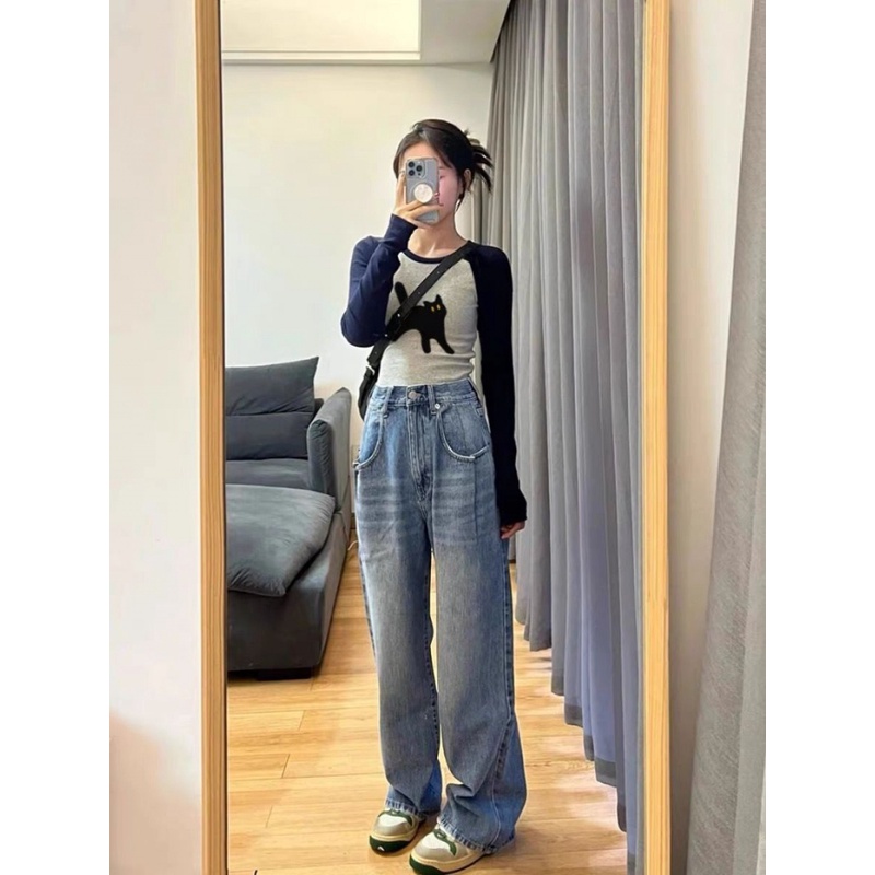 Áo baby tee  Áo Thun Tay Dài Áo croptop tay dài Hở Vai Màu Sắc Tương Phản Phong Cách retro Mỹ Thời Trang Mùa Thu Cho Nữ
