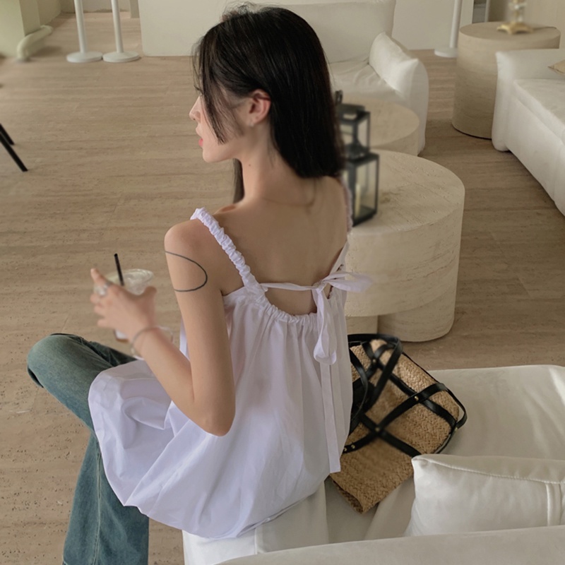 Áo Hai Dây Mùa Hè Màu Trơn Phối Ren Hở Lưng Phong Cách Hàn Quốc Cho Nữ