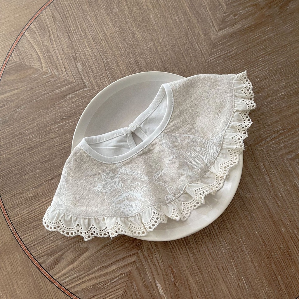 Yếm Ăn Vải Lanh cotton Phối Ren Phong Cách Nhật Bản Cho Bé