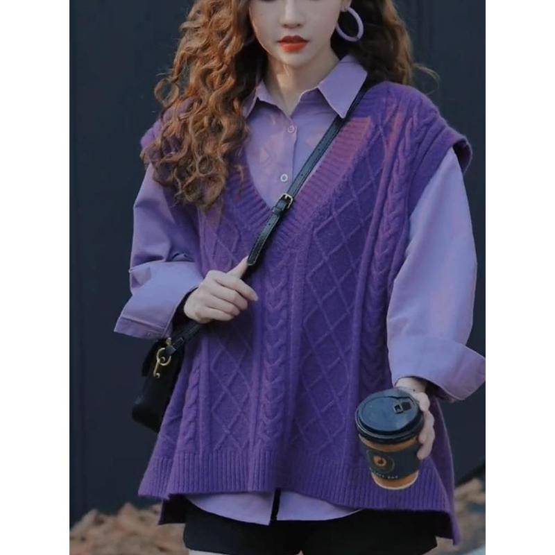 Set Áo Sơ Mi Tay Dài + Áo Len Không Tay Cổ Chữ v Thời Trang Nữ