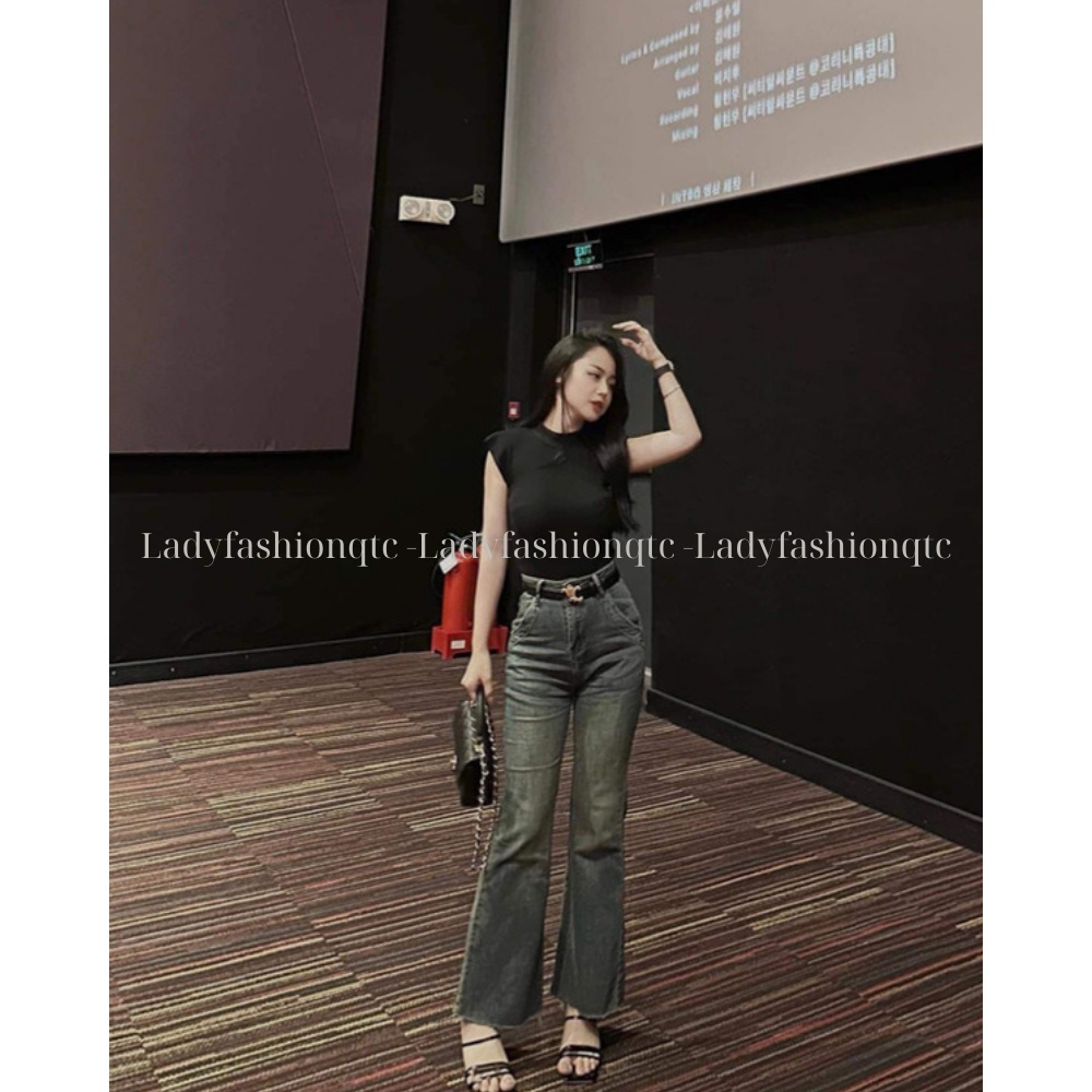 Set Quần Jean bò nữ ống loe siêu siêu hách dáng May gấu, Aó thun co giãn 4 chiều