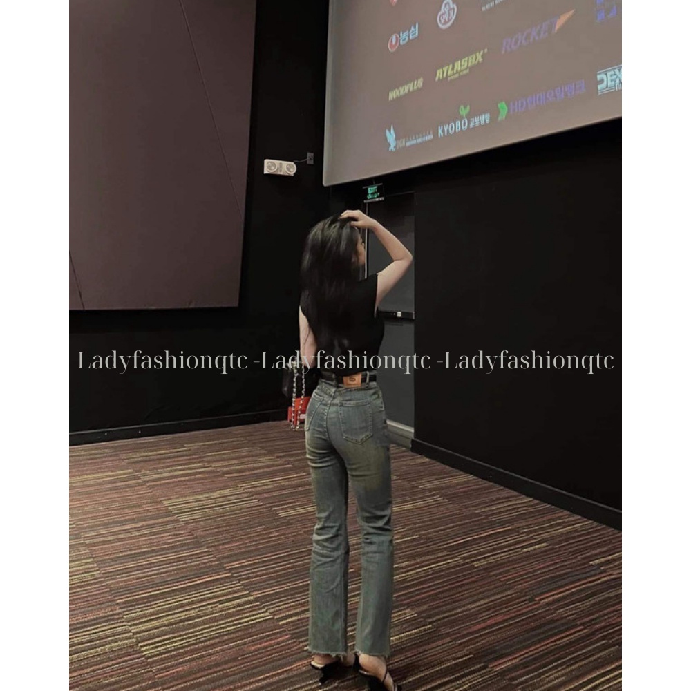 Set Quần Jean bò nữ ống loe siêu siêu hách dáng May gấu, Aó thun co giãn 4 chiều