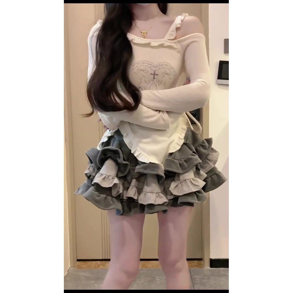 Set Áo Đan Chéo Màu Be Phối Chân Váy Ngắn Siêu Nặng Thời Trang Mùa Thu 2024 Cho Bé Gái