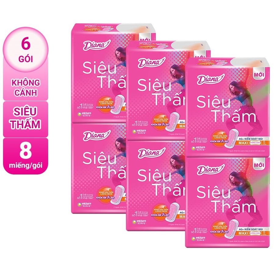 Lốc 6 gói Băng Vệ Sinh Diana Dày Có Cánh Maxi Siêu Thấm