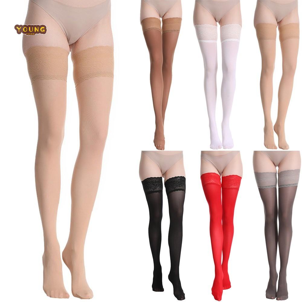 Quần Tất Ren nylon Cao Đến Đầu Gối Màu Đỏ sheer Trắng Cà Phê Cho Nữ