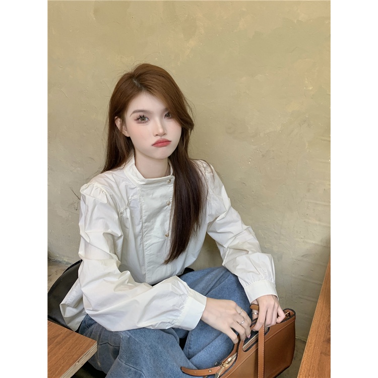 Áo Sơ Mi Tay Dài Cổ Đứng Dáng Rộng Phong Cách Pháp Thời Trang Mùa Thu Cao Cấp Cho Nữ