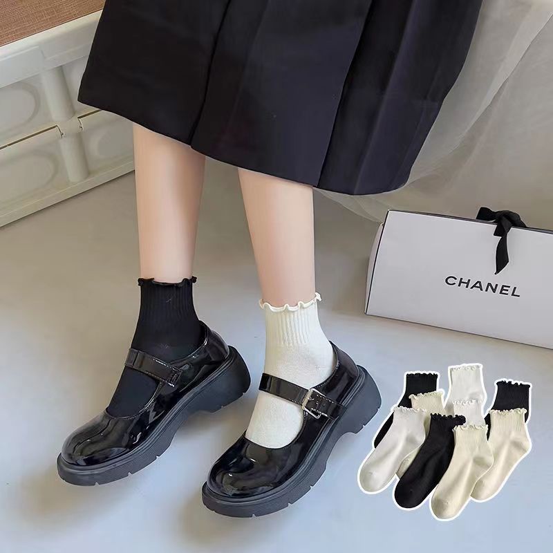 Vớ cotton Cổ Cao Đến Mắt Cá Chân Phối Bèo Dễ Thương Phong Cách Hàn Quốc Cho Nữ