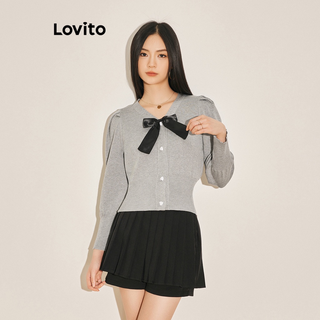 Áo sweater Lovito cổ chữ V cột nơ màu trơn đáng yêu cho nữ L61AD150 (màu xám/ trắng/ đen)