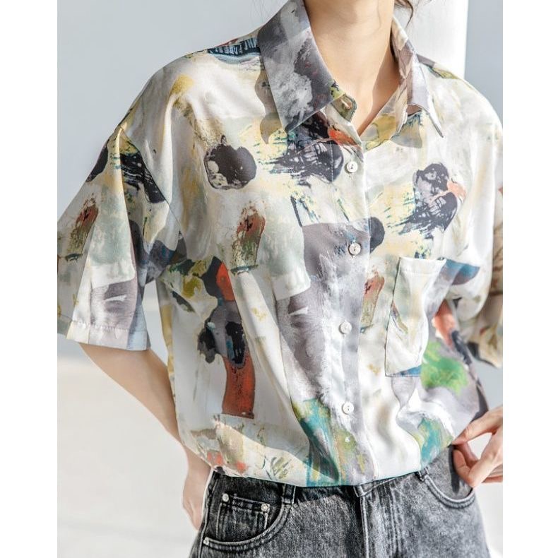 Áo Sơ Mi chiffon Tay Ngắn Màu Đen Và Đen In Họa Tiết Hoa Phong Cách Cổ Điển Thời Trang Mùa Hè Dành Cho Nữ