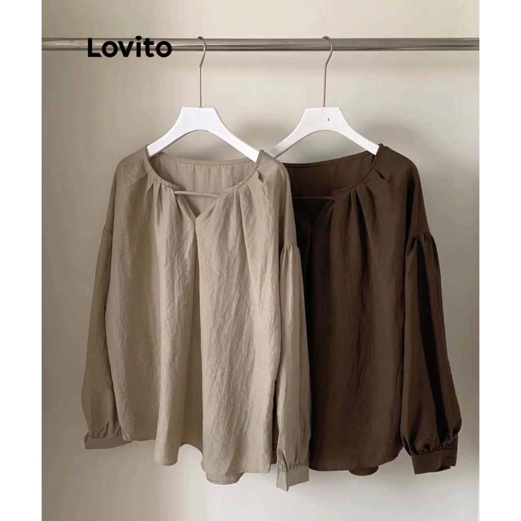 Lovito Áo kiểu tay áo có ren đơn giản có ren cut out Ruffle Bishop dành cho nữ LNE29469