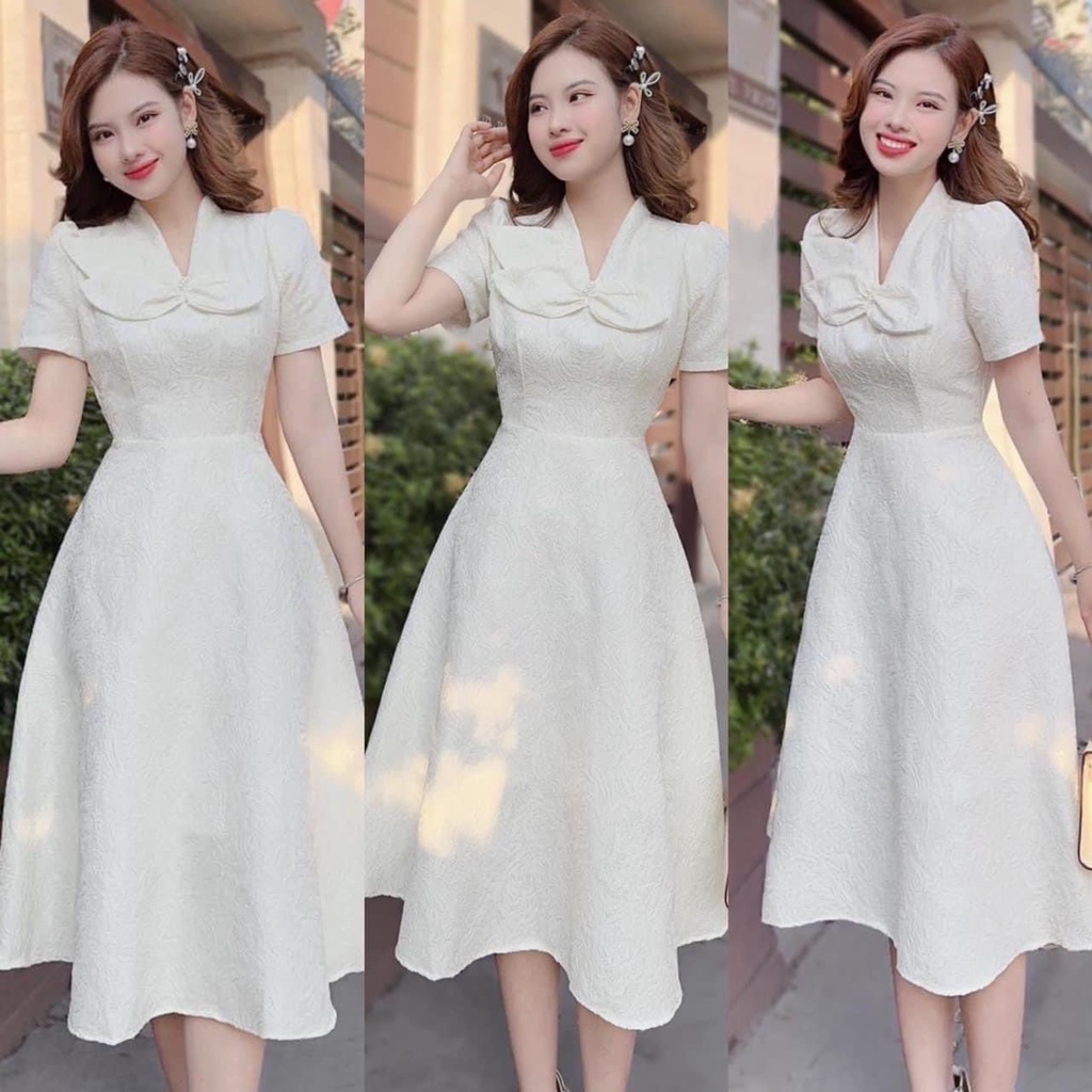 Đầm trắng dự tiệc kết nơ ngực dáng dài tay ngắn dễ thương xinh đẹp quyến rũ