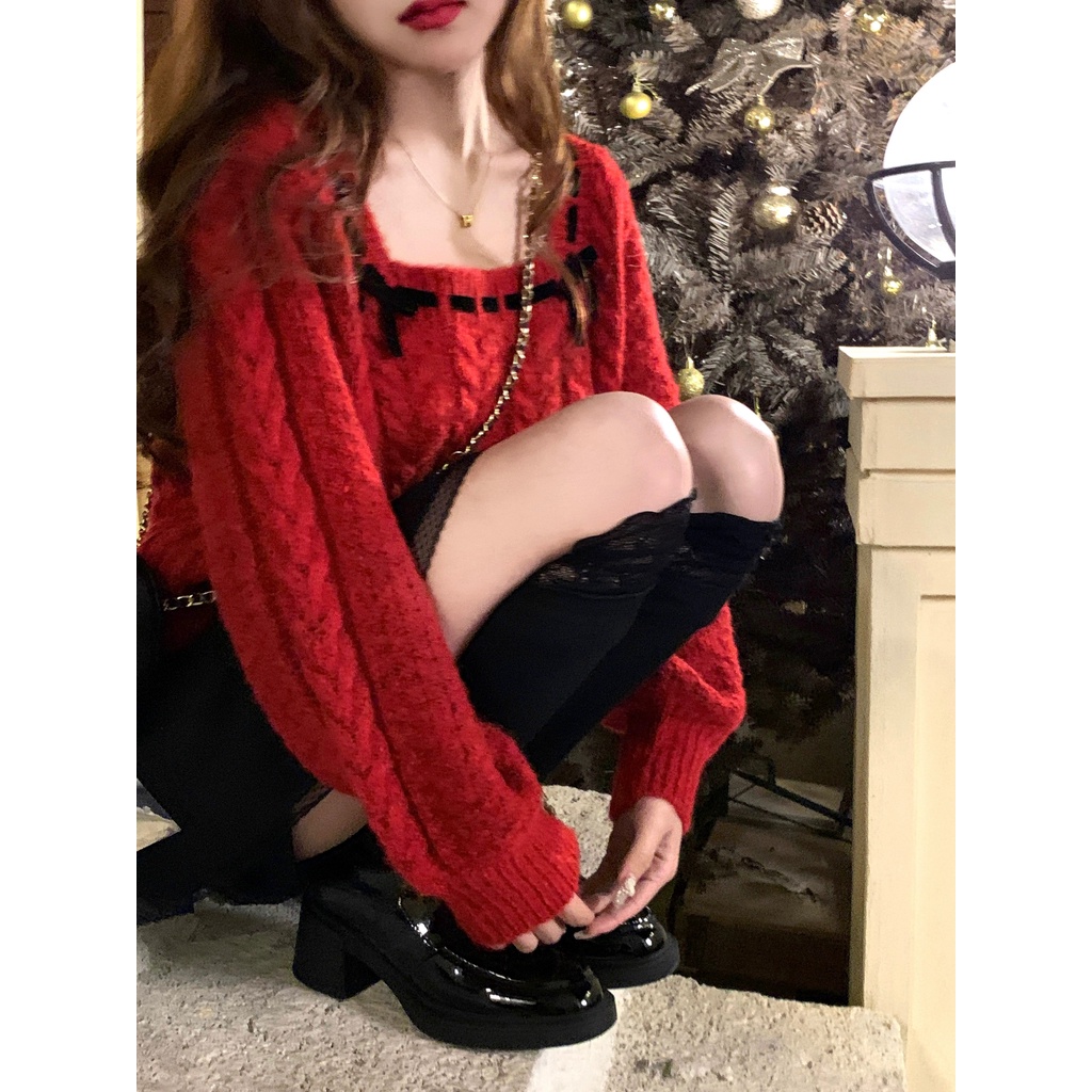 Áo sweater Dệt Kim Màu Đỏ Thời Trang Năm Mới Cho Nữ