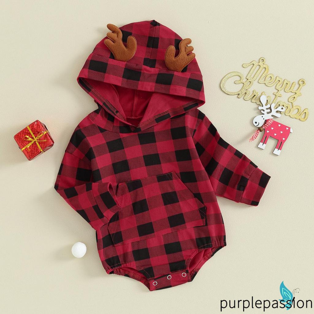 Purplepassion-bộ Áo Liền Quần Tay Dài Có Mũ Trùm Đầu Kẻ Sọc Caro Màu Đỏ Thời Trang Giáng Sinh Cho Bé Gái