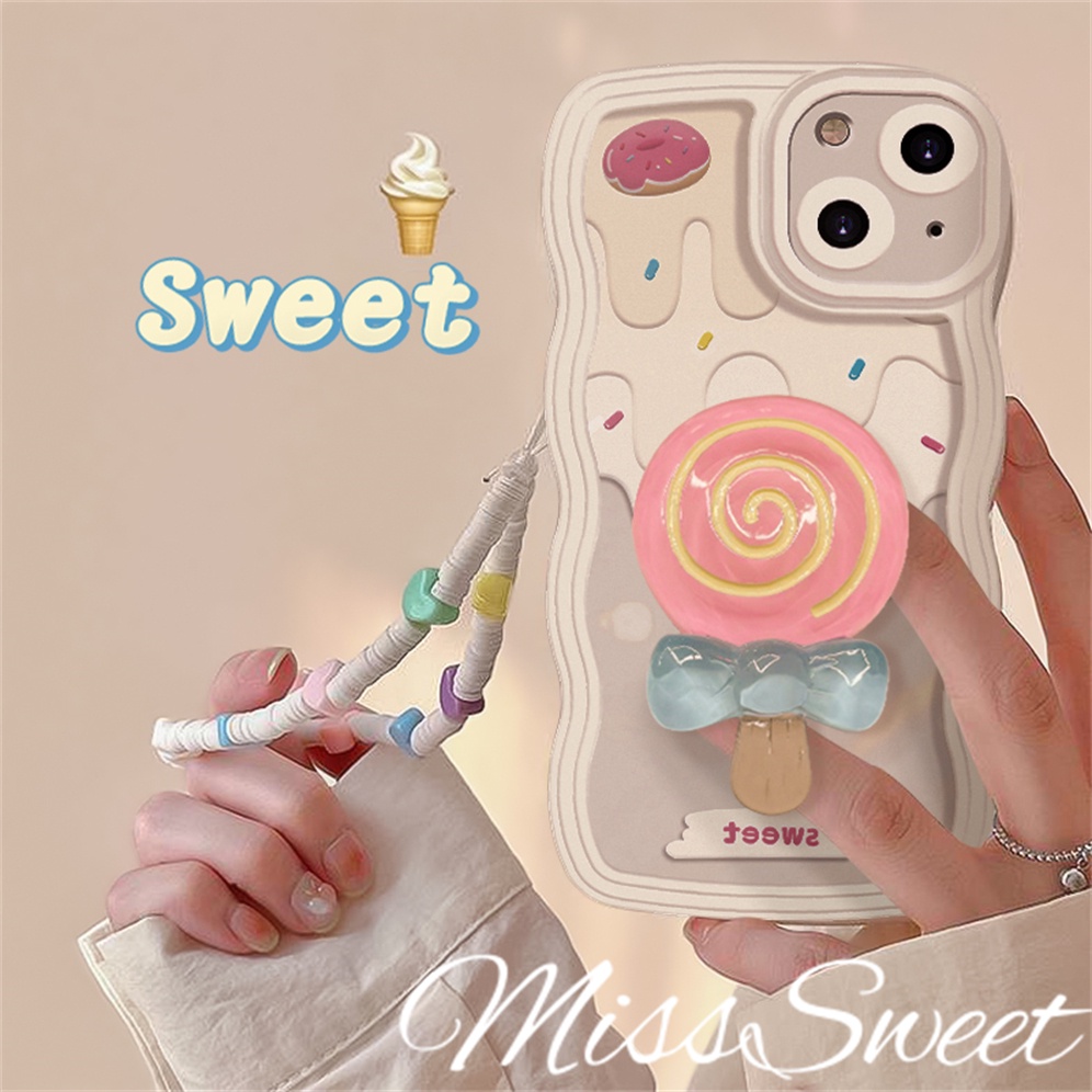 With Lanyard Compatible For iPhone 15 14 13 12 11 Pro Max X XR Xs Max 8 7 6 6s Plus SE 2020 Flowing Cream Donut Wavy Edge Phone Case