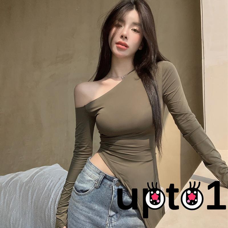 Áo Thun Lệch Vai Tay Dài Màu Sắc Trơn Thời Trang Dành Cho Nữ