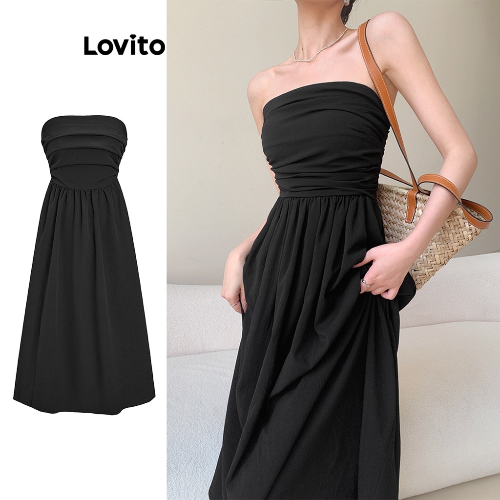 Lovito Váy dạ hội xếp nếp trơn đơn giản cho nữ L68ED141 (Đen)