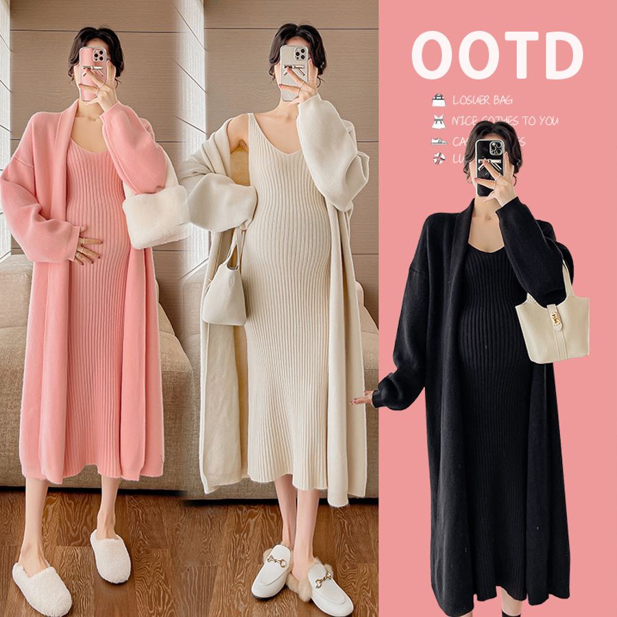 Bộ Áo cardigan Len Hai Dây + Đầm Dài Phong Cách Mới 2023 p21 Cho Mẹ Bầu