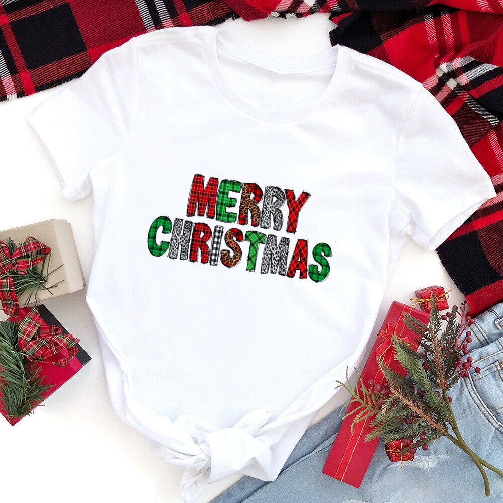 Thời Trang Áo Thun Tay Ngắn Màu Trắng In Hình Bông Tuyết Giáng Sinh Dễ Thương Cho Nữ