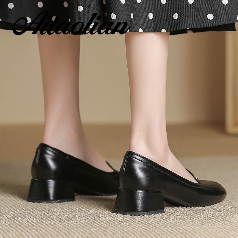 Giày Cao Gót 4cm Da Mềm Mũi Vuông Phong Cách Anh Quốc