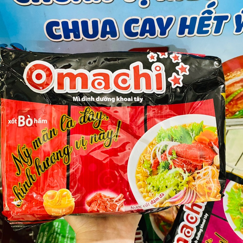 Bịch 5 Gói Mì Tôm Omachi Xốt Bò Hầm, Sườn Hầm, Spaghetti, Tôm chua cay 80g