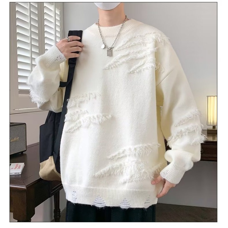 Áo sweater nam cổ tròn nam dáng rộng phong cách Hàn Quốc phối rách vải len sợi dày dặn thời trang thu đông cho cặp đôi