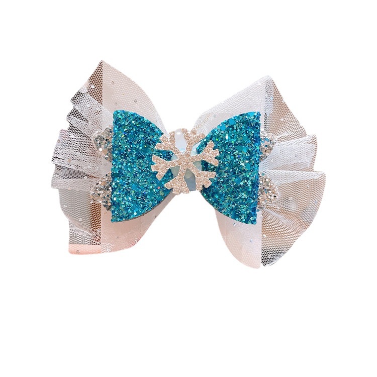 Kẹp Tóc Nơ Ruy Băng Lưới Tuyết Pha Lê Xanh Dương Công Chúa Tuyết Mới Cho Bé Gái