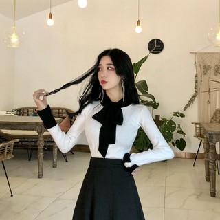 Cozok Áo Thun Tay Dài Dáng Ôm Thắt Nơ Phối Màu Dễ Phối Đồ Phong Cách Hàn Quốc Thời Trang