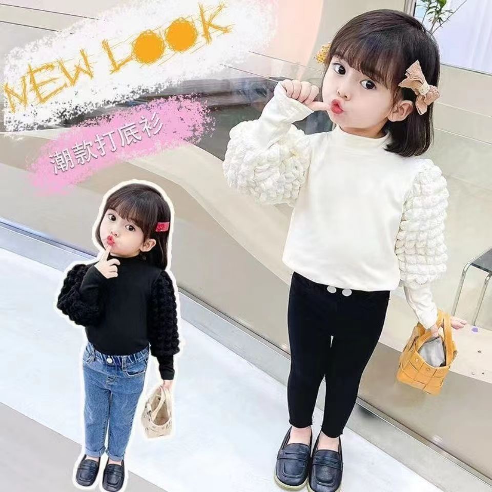 90-140cm Áo thun dài tay phù hợp cho bé gái phong cách phương Tây Thu Đông Phong cách mới Bé gái phồng tay áo sơ mi đáy trẻ em