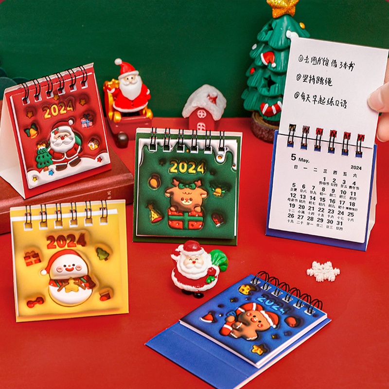 Lịch Để Bàn 2024 mini Họa Tiết Hoạt Hình Dễ Thương Trang Trí Giáng Sinh