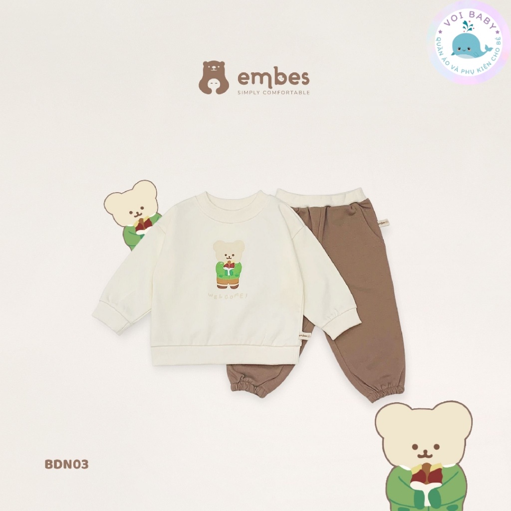 Bộ dài tay nỉ da cá in gấu cho bé trai bé gái Embes