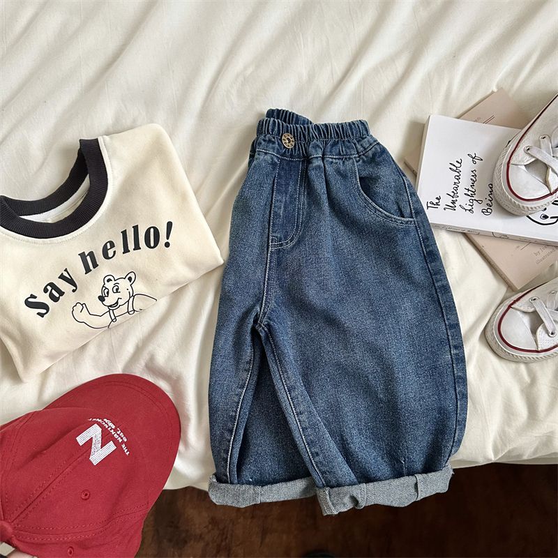 Quần Jean Dài Ống Rộng Màu Trơn Có Túi Lớn Mẫu Mới 2023 Dành Cho Bé Trai Bé Gái