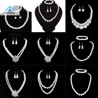 Velishy Thời Trang Vintage Nữ Cô Dâu Cưới Bộ Trang Sức Kim Cương Giả Ngọc Trai Vòng Cổ Vòng Tay Bông Tai Tiệc Cưới Trang Sức Quà Tặng