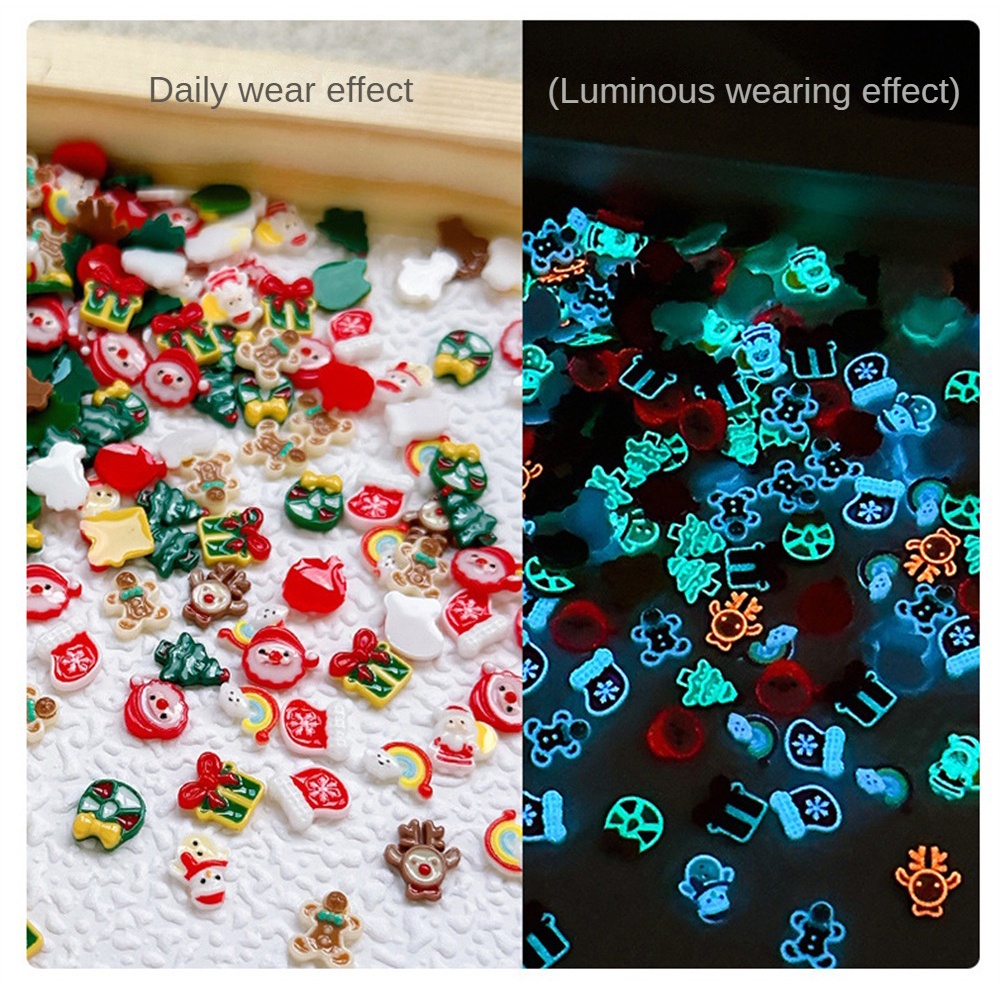 ♕ 20 cái Nail Art Giáng sinh Đồ trang sức dạ quang Ba chiều Santa Elk Nhựa Kim cương Phim hoạt hình dễ thương Trang trí móng tay Công cụ làm móng tay cho cửa hàng làm móng NỘI THẤT